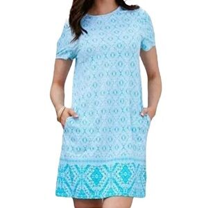 Cabana Life Crystal Lagoon Blue and White short Sleeve Midi Shift Beach Dress